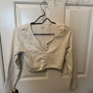 White Long Sleeve Button-Up Crop Top